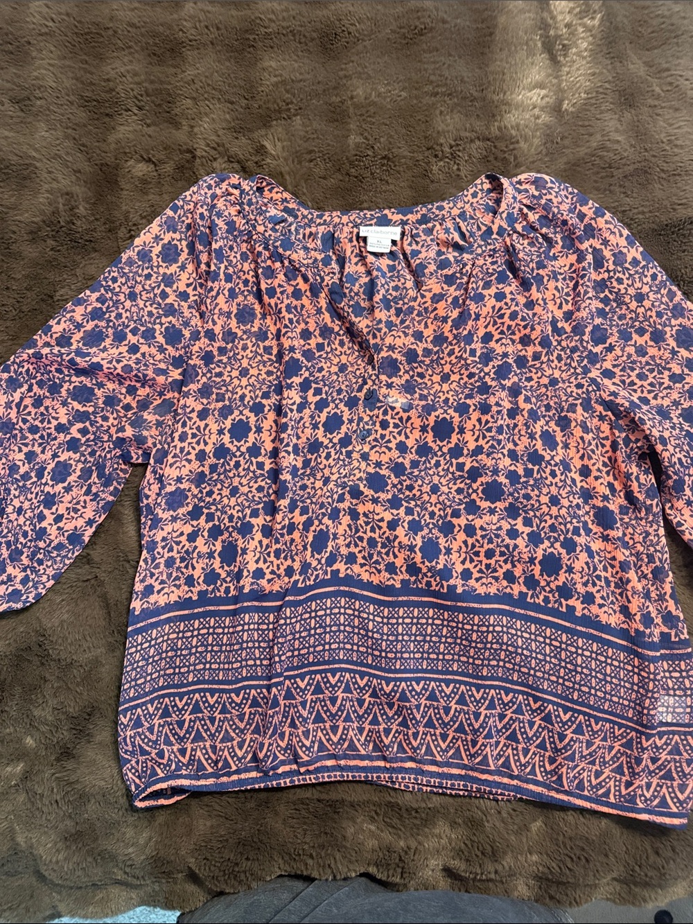 Liz Claiborne Navy and Coral Printed Peasant Tunic